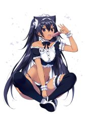 Rule 34 | 1girl, :o, animal ear fluff, animal ears, bad id, bad twitter id, bare shoulders, between legs, black hair, black panties, black shirt, black thighhighs, bow, bowtie, bridal garter, brown eyes, cat ears, choker, collarbone, commentary request, crop top, dark-skinned female, dark skin, earrings, extra ears, food, frilled choker, frilled shirt, frills, glint, groin, hair between eyes, hair ornament, highres, holding, holding food, indian style, jewelry, kurebayashi noe, long hair, looking at viewer, maid, maid headdress, midriff, navel, off shoulder, open mouth, original, panties, popsicle, shirt, shoes, short sleeves, sidelocks, sitting, slit pupils, solo, stomach, thighhighs, thighs, twintails, underwear, very long hair, white background, white footwear, wrist cuffs