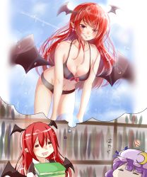 Rule 34 | &gt;:), 2girls, :d, = =, absurdres, alternate costume, anger vein, ball, bat wings, bikini, black bikini, blush, book, book stack, bookshelf, breasts, chibi, cloud, collarbone, crescent, crescent pin, day, drooling, fangs, fangs out, fingernails, gumi (fwjn7284), hat, hat ornament, hat ribbon, head wings, highres, holding, holding book, imagining, koakuma, leaning forward, lens flare, long hair, looking at viewer, low wings, medium breasts, mob cap, multiple girls, nail polish, navel, open mouth, patchouli knowledge, pointy ears, purple hair, red eyes, red hair, ribbon, sharp fingernails, sky, smile, sparkle, swimsuit, thought bubble, touhou, translation request, very long hair, wings