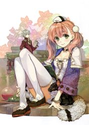 Rule 34 | 10s, 1boy, 1girl, atelier (series), atelier escha &amp; logy, book, bracelet, braid, breasts, breasts apart, choker, cleavage, escha malier, fake tail, flask, french braid, full body, gold trim, green eyes, hat, head tilt, hidari (left side), highres, holding, holding book, jewelry, legs folded, logix ficsario, long sleeves, looking at viewer, miniskirt, official art, pastel colors, petticoat, pink hair, pom pom (clothes), round-bottom flask, sitting, skirt, smile, solo focus, standing, tail, thighhighs, twintails, white background, white hair, white hat, white thighhighs