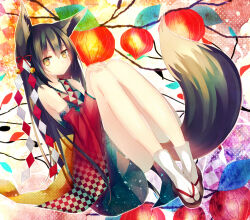 Rule 34 | 1girl, abandon ranka, abstract, animal ears, bare legs, bell, black hair, bow, checkered background, commentary request, detached sleeves, dress, expressionless, fox ears, fox tail, hair bow, hand on own knee, highres, leaf, long hair, looking at viewer, original, sandals, socks, solo, tabi, tail, wide sleeves, yellow eyes
