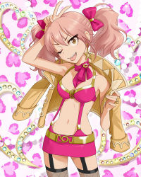 Rule 34 | 10s, 1girl, artist request, belt, bow, breasts, earrings, eyelashes, garter straps, gold trim, highres, idolmaster, idolmaster cinderella girls, jacket, jewelry, jougasaki mika, jpeg artifacts, midriff, miniskirt, navel, official art, one eye closed, pink hair, resized, skirt, smile, solo, suspenders, thighhighs, tongue, tongue out, twintails, upscaled, waifu2x, yellow eyes