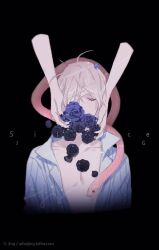 Rule 34 | 1boy, 1other, ahoge, artist name, ashuijing, bandage over one eye, bare pectorals, black flower, black rose, blonde hair, closed eyes, coattails, collared shirt, commentary, cropped torso, english commentary, english text, eyelashes, flower, holding, holding flower, lofter username, long sleeves, male focus, one-eyed, open clothes, open shirt, original, out of frame, pajamas, pectorals, petals, purple flower, purple rose, rose, rose petals, shirt, short hair, snake, snake on shoulder, straight-on, striped clothes, striped shirt, vertical-striped clothes, vertical-striped shirt, vertical-striped sleeves, white shirt, white sleeves