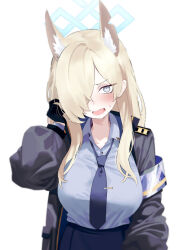 Rule 34 | 1girl, absurdres, animal ear fluff, animal ears, armband, black gloves, black jacket, blonde hair, blue archive, blue armband, blue eyes, blue halo, blue necktie, blue shirt, blush, collared shirt, commentary request, gloves, hair over one eye, halo, highres, jacket, kanna (blue archive), long hair, long sleeves, looking at viewer, necktie, odaneru apart, open mouth, sharp teeth, shirt, simple background, solo, teeth, white background