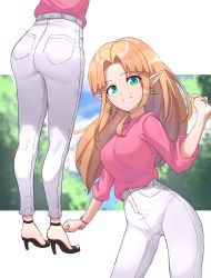 Rule 34 | 1girl, absurdres, alternate costume, ass, bare shoulders, blonde hair, blouse, bracelet, breasts, from behind, green eyes, grimmelsdathird, grin, high-waist pants, highres, jewelry, large breasts, long hair, looking at viewer, multiple views, nintendo, outside border, pants, parted bangs, pink shirt, pointy ears, princess zelda, shirt, shirt tucked in, sideboob, smile, the legend of zelda, the legend of zelda: a link to the past, very long hair