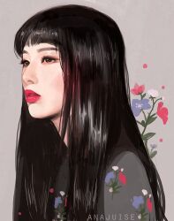 Rule 34 | 1girl, anajuise, animification, artist name, black hair, blunt bangs, commentary, english commentary, eyeliner, floral print, flower, grey background, grey shirt, k-pop, long hair, looking ahead, makeup, mascara, pink lips, profile, real life, red velvet (group), seulgi (red velvet), shirt, solo, upper body