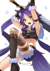 Rule 34 | 1girl, absurdres, animal ear fluff, animal ears, arms up, artist name, black socks, blush, breasts, brown eyes, fang, highres, holding, holding sword, holding weapon, kneehighs, large breasts, long hair, looking at viewer, makoto (princess connect!), open mouth, princess connect!, purple hair, sharval, socks, solo, sword, tail, teeth, twitter username, upper teeth only, weapon, wolf ears, wolf tail