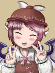Rule 34 | 1girl, animal ears, blush stickers, closed eyes, double v, face, female focus, hat, iritate shougun, mystia lorelei, no nose, pink hair, short hair, simple background, smile, solo, tears, touhou, v, wings
