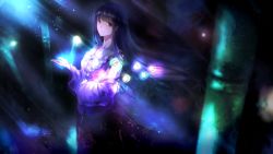Rule 34 | 1girl, bamboo, bamboo forest, black hair, branch, congming lan, forest, from side, glowing, houraisan kaguya, jeweled branch of hourai, long hair, looking at viewer, looking to the side, nature, night, red eyes, smile, solo, touhou, upper body