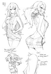 Rule 34 | &gt; &lt;, 10s, 2girls, :d, > <, aran sweater, backless dress, backless outfit, bare arms, bare back, bare shoulders, black heart (neptunia), blood, blush, breasts, cable knit, closed eyes, d-pad, drawstring, dress, english text, female focus, ge-b, greyscale, hair ornament, halterneck, heart, hood, hooded track jacket, jacket, long hair, meme attire, monochrome, multiple girls, naked sweater, neptune (neptunia), neptune (series), no panties, noire (neptunia), nosebleed, open mouth, short hair, sideboob, simple background, sketch, smile, sweater, sweater dress, symbol-shaped pupils, track jacket, turtleneck, turtleneck sweater, very long hair, virgin killer sweater, white background, xd