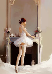 Rule 34 | 1girl, absurdres, back-seamed legwear, backless dress, backless outfit, ballerina, ballet slippers, brown eyes, brown hair, dated, dress, fireplace, frilled dress, frills, full body, highres, ittou, looking back, matching hair/eyes, original, plantar flexion, seamed legwear, short hair, solo, standing, thighhighs, white dress, white thighhighs