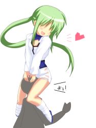 Rule 34 | 1boy, 1girl, between thighs, blush, boots, breasts, cleavage, cleavage cutout, clothing cutout, cosplay, green hair, hair over eyes, heart, highres, knee boots, leotard, long hair, lucky star, mai (t-5), miniskirt, shermie (cosplay), shermie (kof), skirt, spoken heart, the king of fighters, twintails, yamanobe tamaki