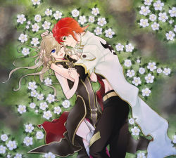 Rule 34 | 00s, 1boy, 1girl, aerialsoul, belt, blue eyes, brown hair, coat, couple, fingerless gloves, flower, flower bed, from above, gloves, green eyes, hetero, long hair, luke fon fabre, lying, midriff, on side, one eye closed, pants, red hair, red thighhighs, smile, tales of (series), tales of the abyss, tear grants, thighhighs, wink