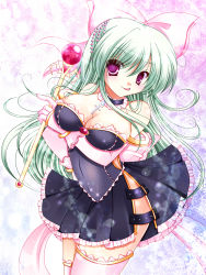 Rule 34 | 1girl, :p, bare shoulders, breast hold, breasts, choker, cleavage, cross, elbow gloves, female focus, gloves, green hair, hair ornament, hair ribbon, highres, hiyori-o, large breasts, long hair, original, purple eyes, ribbon, skirt, solo, standing, thighhighs, thighs, tongue, tongue out, wand