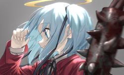 Rule 34 | 1girl, aqua hair, black ribbon, blood, bloody weapon, blue eyes, blue hair, blurry, blurry foreground, bokusatsu tenshi dokuro-chan, clenched hand, club, club (weapon), collared shirt, dress shirt, excalibolg, from side, grey background, hair ribbon, halo, hand up, highres, jacket, kanabou, long sleeves, looking away, mitsukai dokuro, neck ribbon, portrait, red jacket, ribbon, school uniform, shirt, sidelocks, simple background, solo, tamayume, two side up, weapon, wing collar