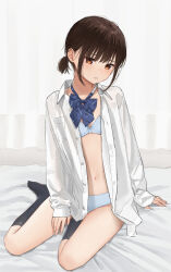 Rule 34 | 1girl, akipeko, bad id, bad twitter id, bed sheet, black hair, black socks, blue bow, blue bowtie, blue bra, blue panties, blunt bangs, bow, bowtie, bra, brown eyes, closed mouth, collared shirt, commentary request, flat chest, highres, long sleeves, looking at viewer, loose bowtie, navel, on bed, open clothes, open shirt, original, panties, shirt, short ponytail, sitting, socks, solo, underwear, white shirt, yokozuwari