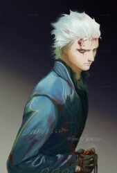 Rule 34 | 1boy, blood, blood on clothes, blood on face, blue eyes, coat, devil may cry, devil may cry (series), devil may cry 3, fingerless gloves, gloves, hair slicked back, highres, holding, male focus, rumpp176289, solo, vergil (devil may cry), white hair