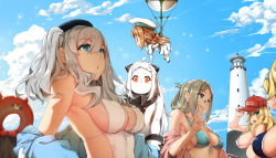 Rule 34 | 6+girls, alternate costume, atago (kancolle), balloon, beret, bikini, bikini under clothes, blonde hair, blue eyes, blue sky, blush, bow, breasts, cleavage, closed mouth, cloud, collar, commentary request, day, enemy lifebuoy (kancolle), error musume, folded ponytail, gambier bay (kancolle), glasses, green eyes, hair between eyes, hair bow, hair ornament, hairband, hat, highres, jacket, kantai collection, kashima (kancolle), katori (kancolle), large breasts, light brown hair, lighthouse, long hair, micro bikini, mittens, multiple girls, northern ocean princess, open mouth, outdoors, parted bangs, red eyes, sideboob, sky, smile, standing, string bikini, swimsuit, swimsuit under clothes, twintails, wavy hair, white hair, zuoteng lucha