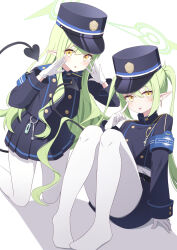Rule 34 | 2girls, black hat, black jacket, black shorts, black skirt, black tail, blue archive, blush, closed mouth, demon tail, divergenceok, gloves, green hair, hair between eyes, hat, highres, hikari (blue archive), jacket, long hair, long sleeves, looking at viewer, multiple girls, nozomi (blue archive), pantyhose, parted lips, peaked cap, pointy ears, shorts, siblings, simple background, sisters, skirt, smile, tail, tongue, tongue out, twins, white background, white gloves, white pantyhose, yellow eyes