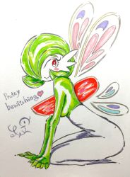 Rule 34 | 1girl, absurdres, artist name, blush, blush stickers, breasts, closed mouth, colored skin, creatures (company), english text, fairy wings, female focus, from side, game freak, gardevoir, gen 3 pokemon, green hair, green skin, hair over one eye, happy, heart, highres, kneeling, leaning forward, looking to the side, multicolored skin, nintendo, pokemon, pokemon (creature), red eyes, shiny skin, short hair, signature, simple background, small breasts, smile, solo, traditional media, two-tone skin, white background, white skin, wings, yuumikuchi