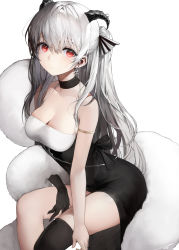 Rule 34 | 1girl, bare arms, bare shoulders, black choker, black dress, black gloves, black thighhighs, breasts, choker, cleavage, dress, feather boa, gloves, grey hair, halter dress, halterneck, haori io, highres, horns, long hair, looking at viewer, medium breasts, one side up, original, red eyes, simple background, single glove, single thighhigh, sitting, sleeveless, sleeveless dress, solo, spaghetti strap, thighhighs, very long hair, white background