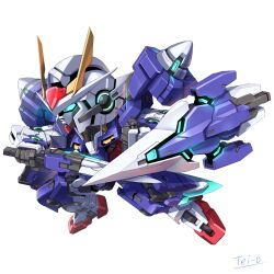 Rule 34 | 00 gundam, arm shield, artist name, chibi, commentary request, fighting stance, gn drive, green eyes, gundam, gundam 00, highres, holding, holding sword, holding weapon, looking ahead, mecha, mobile suit, no humans, profile, robot, science fiction, sd gundam, simple background, solo, sword, tei-o, v-fin, weapon, white background