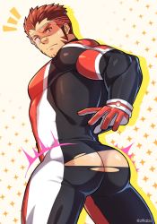 Rule 34 | 1boy, akashi (live a hero), ass, ass focus, bara, bodysuit, facial hair, from behind, gloves, gradient hair, highres, live a hero, long sideburns, looking back, male focus, manly, multicolored hair, muscular, pectorals, red bodysuit, red eyes, red hair, short hair, sideburns, skin tight, solo, thick eyebrows, thick thighs, thighs, tight clothes, torn bodysuit, torn clothes, zink (zink mchn)