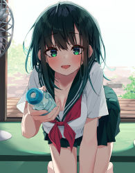 Rule 34 | 1girl, absurdres, all fours, bare legs, black hair, blush, bottle, breasts, cleavage, collarbone, day, electric fan, green eyes, green skirt, highres, holding, holding bottle, indoors, long hair, looking at viewer, medium breasts, miniskirt, munseonghwa, neckerchief, open mouth, original, pleated skirt, ramune, sailor collar, school uniform, serafuku, shirt, short sleeves, skirt, smile, solo, sweat, tatami, uniform, white shirt