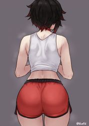 Rule 34 | 1girl, ass, bare arms, black hair, bluefield, choker, cowboy shot, facing away, from behind, grey background, highres, red hair, red shorts, ruby rose, rwby, short hair, short shorts, shorts, simple background, solo, sweat