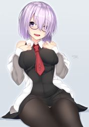 Rule 34 | 1girl, bare shoulders, black-framed eyewear, black skirt, blush, breasts, commentary request, fate/grand order, fate (series), glasses, hair over one eye, hands on own chest, highres, jacket, large breasts, looking at viewer, mash kyrielight, nebusoku, necktie, off shoulder, open clothes, open jacket, open mouth, pantyhose, purple eyes, purple hair, red necktie, short hair, signature, simple background, sitting, skirt, smile, solo, teeth, thighs, wide hips