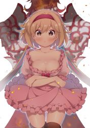 Rule 34 | 10s, 1boy, 1girl, :t, back-to-back, black legwear, blonde hair, blush, bow, breast hold, breasts, brown eyes, cleavage, collarbone, cowboy shot, crossed arms, djeeta (granblue fantasy), dress, embers, frilled dress, frills, granblue fantasy, hair between eyes, hairband, hano haruka, looking at viewer, medium breasts, percival (granblue fantasy), pout, shiny skin, short hair, solo focus, white background