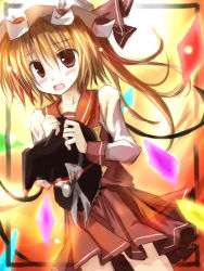 Rule 34 | 1girl, blonde hair, blush, borrowed clothes, bow, embodiment of scarlet devil, female focus, flandre scarlet, gradient background, hat, hat bow, holding, holding clothes, holding hat, long sleeves, mashayuki, miniskirt, open mouth, pleated skirt, red eyes, red skirt, short hair, side ponytail, skirt, solo, striped clothes, striped skirt, touhou, unworn hat, unworn headwear, wings, witch hat