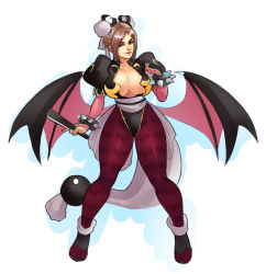 Rule 34 | 1girl, animal print, bat print, bat wings, bracelet, breasts, bridal gauntlets, brown hair, bun cover, capcom, chinese clothes, chun-li, cleavage, double bun, folded fan, folding fan, fusion, greenmarine, hair bun, hand fan, jewelry, large breasts, leotard, low wings, morrigan aensland, no bra, pantyhose, patterned legwear, print pantyhose, puffy short sleeves, puffy sleeves, purple pantyhose, sash, shiranui mai, short sleeves, simple background, solo, spiked bracelet, spikes, street fighter, tabi, the king of fighters, vampire (game), white background, wings