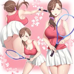 Rule 34 | 1girl, ass, bare shoulders, blush, breasts, brown hair, cleavage, commentary request, grey eyes, highres, holding, jewelry, kitazawa (embers), large breasts, long hair, low tied hair, mature female, multiple views, open mouth, original, pink tank top, pleated skirt, purple scrunchie, racket, ring, scrunchie, sideboob, skirt, sportswear, tank top, tennis, tennis racket, tennis uniform, thighs, upskirt, white skirt