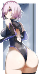 Rule 34 | 1girl, ass, back, bare shoulders, black leotard, breasts, collar, elbow gloves, fate/grand order, fate (series), gin moku, gloves, hair over one eye, highleg, highleg leotard, highres, huge ass, large breasts, leotard, light purple hair, looking at viewer, looking back, mash kyrielight, metal collar, purple eyes, purple gloves, short hair, solo, thigh strap, thighs