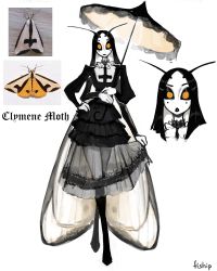 Rule 34 | 1girl, absurdres, antennae, arthropod girl, artist name, black dress, black hair, black lips, black sclera, colored sclera, colored skin, commentary, crossed legs, dress, english commentary, extra arms, gothic lolita, hand on own hip, highres, insect girl, insect wings, juliet sleeves, lipstick, lolita fashion, long hair, long sleeves, looking at viewer, makeup, matilda fiship, monster girl, moth girl, moth wings, original, parasol, personification, photo-referenced, photo inset, puffy sleeves, reference inset, see-through, simple background, skirt hold, umbrella, watson cross, white background, white skin, wings, yellow eyes