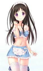 Rule 34 | 10s, 1girl, black hair, bustier, chitanda eru, hair ornament, hairclip, highres, hyouka, long hair, looking at viewer, midriff, n.g., navel, purple eyes, shiny skin, simple background, skindentation, skirt, smile, solo, thigh gap, thighhighs, thighs, white background, zettai ryouiki