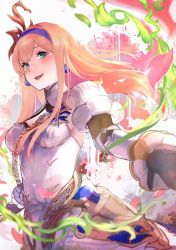 Rule 34 | 1girl, arm up, armor, black eyes, blonde hair, breasts, cropped torso, dress, earrings, elbow gloves, enyo (granblue fantasy), gloves, granblue fantasy, hairband, head tilt, highres, holding, holding polearm, holding weapon, jewelry, long hair, looking at viewer, mabu (mabu mmm), medium breasts, polearm, shoulder armor, simple background, sleeveless, sleeveless dress, smile, solo, upper body, vambraces, weapon, white background, white dress