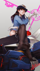 Rule 34 | 1girl, artist name, blue shirt, breast pocket, breasts, brown eyes, brown hair, brown thighhighs, character name, collared shirt, cuffs, d.va (overwatch), facepaint, facial mark, feet, female service cap, full body, gloves, handcuffs, hat, highres, key, long hair, long sleeves, looking at viewer, mecha, medium breasts, meka (overwatch), necktie, no panties, no pants, no shoes, officer d.va, official alternate costume, one eye closed, overwatch, overwatch 1, pencil skirt, pink lips, pocket, police, police hat, police uniform, policewoman, robot, shirt, signature, simple background, sitting, skirt, smile, soles, solo, squidsmith, striped necktie, striped neckwear, thighhighs, toes, uniform, whisker markings, white background, white gloves