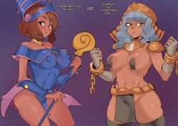 Rule 34 | 2girls, absurdres, belt, blue headwear, blush, breasts, brown eyes, cafin, clenched hands, collarbone, cosplay, covered erect nipples, dark magician girl, dark magician girl (cosplay), detached sleeves, english text, exodia the forbidden one, exodia the forbidden one (cosplay), female focus, gem, hands up, hat, highres, holding, holding staff, large breasts, league of legends, looking at viewer, multiple girls, navel, qiyana (league of legends), shiny skin, shoulder plates, staff, taliyah, thighhighs, vs, yu-gi-oh!