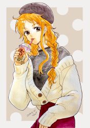 Rule 34 | 1girl, black shirt, braid, brown eyes, bubble tea, cardigan, commentary request, cowboy shot, cup, dated, drinking straw, earrings, hanakotoba28, hat, highres, holding, holding cup, jewelry, looking at viewer, nami (one piece), one piece, orange hair, shirt, sidelocks, simple background, solo, twin braids