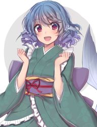 Rule 34 | 1girl, :d, asa (coco), blue hair, blush, clenched hands, fins, fish tail, head fins, japanese clothes, kimono, long sleeves, looking at viewer, mermaid, monster girl, obi, open mouth, purple eyes, ringlets, sash, short hair, smile, solo, tail, touhou, upper body, wakasagihime, wide sleeves