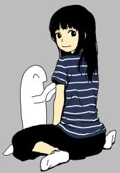 Rule 34 | 1girl, black eyes, black hair, black pants, blue shirt, crossover, female focus, from behind, grey background, hosoo, long hair, looking at viewer, looking back, original, pants, shirt, simple background, sitting, smile, socks, solo, striped clothes, striped shirt, wariza, white socks