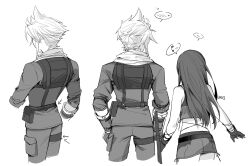 Rule 34 | 1boy, 1girl, bare shoulders, belt, black hair, cloud strife, cowboy shot, crisis core final fantasy vii, crop top, duoj ji, final fantasy, final fantasy vii, from behind, gloves, greyscale, highres, long hair, monochrome, multiple views, musical note, official alternate costume, scarf, shinra infantry uniform, skirt, speech bubble, spiked hair, spoken musical note, tifa lockhart, vest, white background