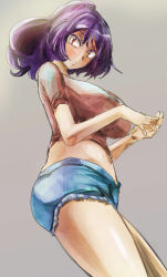 Rule 34 | 1girl, alternate costume, breasts, contemporary, cutoffs, denim, denim shorts, from side, grey background, impossible clothes, impossible shirt, large breasts, looking at viewer, navel, open mouth, purple hair, red eyes, shirt, short hair, short shorts, short sleeves, shorts, solo, touhou, yasaka kanako, yohane