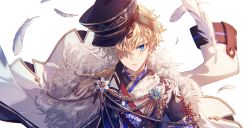 Rule 34 | 1girl, blonde hair, blue eyes, cape, closed mouth, feathers, formal, hair over one eye, hat, heathcliff blanchett, highres, long sleeves, looking at viewer, mahoutsukai no yakusoku, male focus, naruta iyo, one eye covered, parted lips, short hair, solo, white background