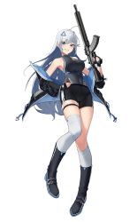 Rule 34 | 1girl, absurdres, armpits, azur lane, belt, blue eyes, blush, boots, breasts, buckle, character request, gloves, hair ornament, hand on own hip, highres, holding, holding weapon, jacket, kimi (hearty yuuki), long hair, looking down, medium breasts, shorts, silver hair, smile, socks, weapon, white background