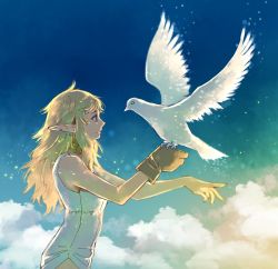 Rule 34 | 1girl, bird, bird on hand, blonde hair, cloud, dungeon meshi, elf, fleki, floating hair, from side, gloves, highres, jack (haist), light particles, long hair, notched ear, outstretched arms, pointy ears, profile, single glove, sky, sleeveless, solo, wind