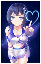 Rule 34 | 1girl, asaka karin, bare shoulders, black hair, blue eyes, blue hair, blunt bangs, breasts, cleavage, closed mouth, cowboy shot, crop top, diverdiva, fingerless gloves, gloves, heart, index finger raised, jewelry, large breasts, light blush, looking at viewer, love live!, love live! nijigasaki high school idol club, love live! school idol festival all stars, microskirt, midriff, mole, mole on breast, mole on collarbone, muwa12, navel, necklace, short hair, side slit, skirt, sky, sleeveless, smile, solo, star (sky), star (symbol), star necklace, starry background, starry sky, tank top