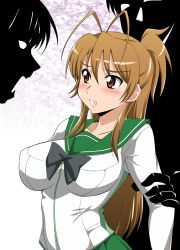 Rule 34 | 1girl, antenna hair, blush, bow, breasts, brown eyes, brown hair, clenched teeth, highschool of the dead, large breasts, long hair, miyamoto rei, ribbon, ryumage, school uniform, silhouette, solo focus, teeth