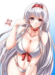 Rule 34 | 1girl, artist logo, bikini, blue background, breasts, brown eyes, cleavage, commentary request, hairband, headband, highres, kantai collection, kentan (kingtaiki), large breasts, leaning forward, long hair, looking at viewer, navel, one-hour drawing challenge, red headband, shoukaku (kancolle), solo, swimsuit, thigh gap, white background, white bikini, white hair